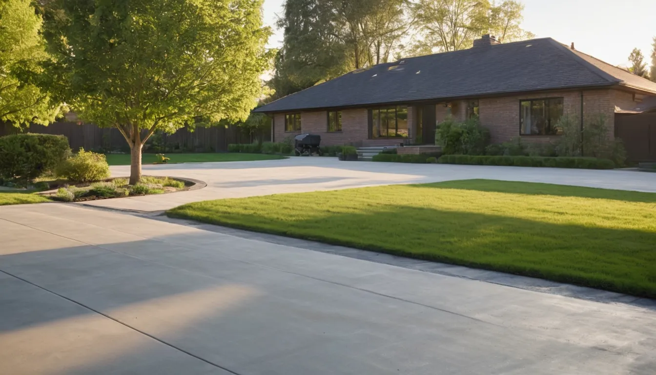 A newly poured concrete driveway beside a brick home in Stonecrest